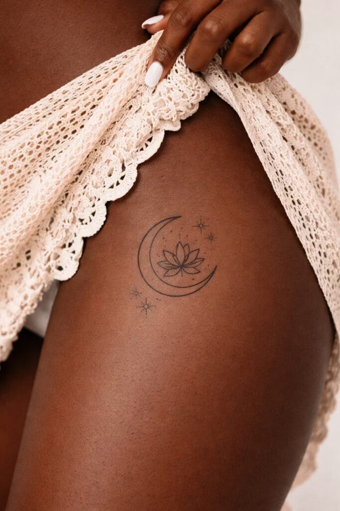 Crescent Moon & Lotus — Side Thigh Tattoos for Women