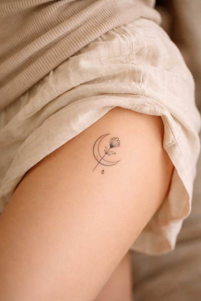 Crescent Moon & Wildflower Side Thigh Tattoos for Women
