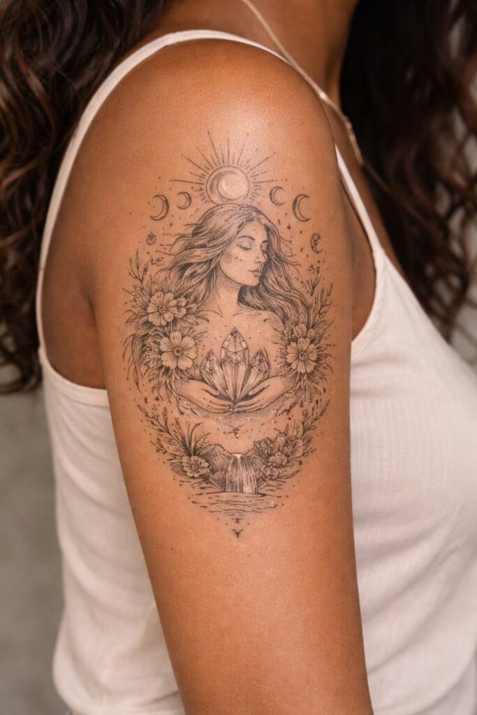 Crystal Goddess in Nature – Meaningful Half Sleeve Tattoos for Women