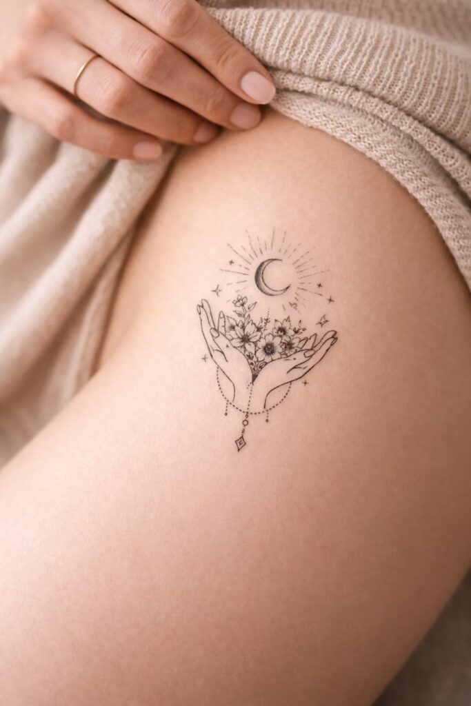 Cupped Hands & Floral Offering – Side Thigh Tattoos for Women