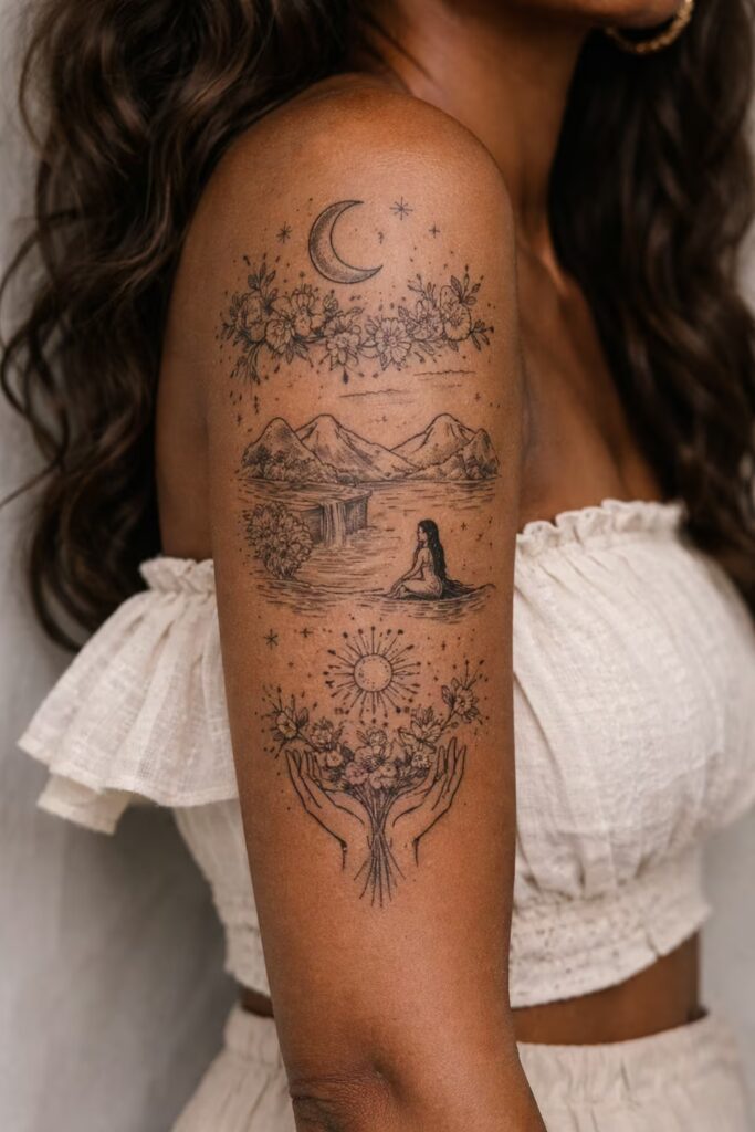Floral Moon & Sun – Meaningful Half Sleeve Tattoos for Women