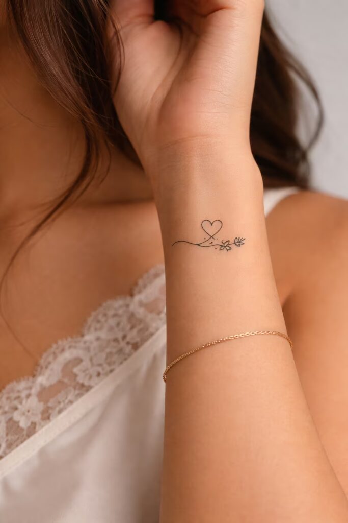 Heart & Flower Sprig Love Symbol Tattoo on Inner Wrist