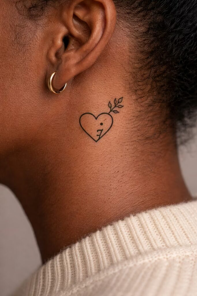 Heart-Semicolon Behind-the-Ear Mental Awareness Tattoo