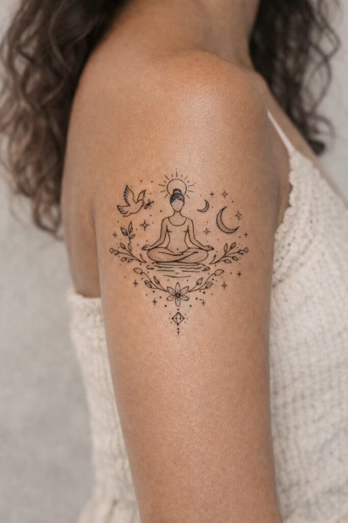 Meaningful Half Sleeve Tattoos For Women — Peaceful Meditation & Dove