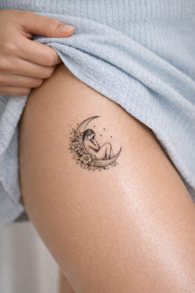 Moon Cradle Maiden – Side Thigh Tattoos for Women