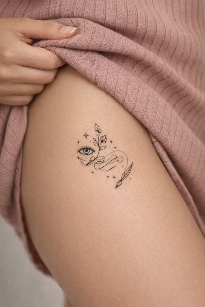 Mystic Eye & Quill – Side Thigh Tattoos for Women