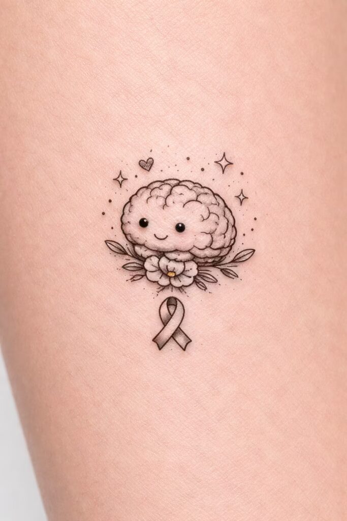 Smiling Brain on Flower Mental Awareness Tattoo
