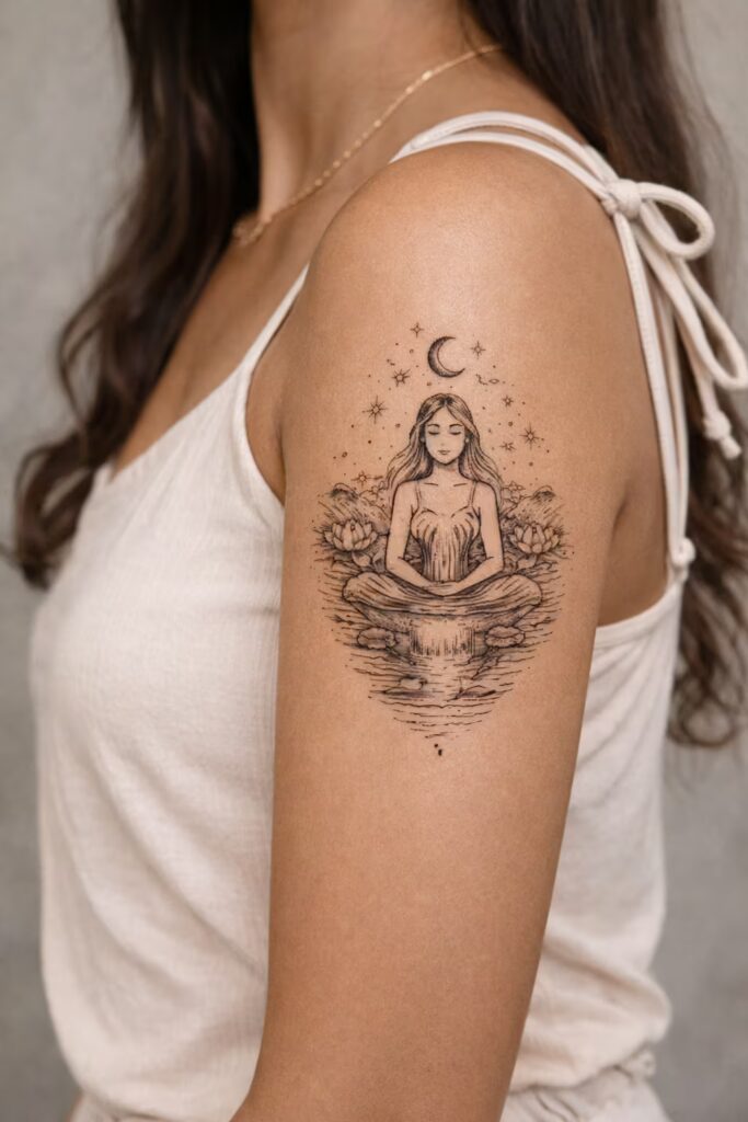 Tranquil Meditative Lotus – Meaningful Half Sleeve Tattoos for Women