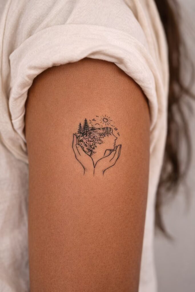 Upper Arm Embrace Mental Awareness Tattoo with Nature Landscape