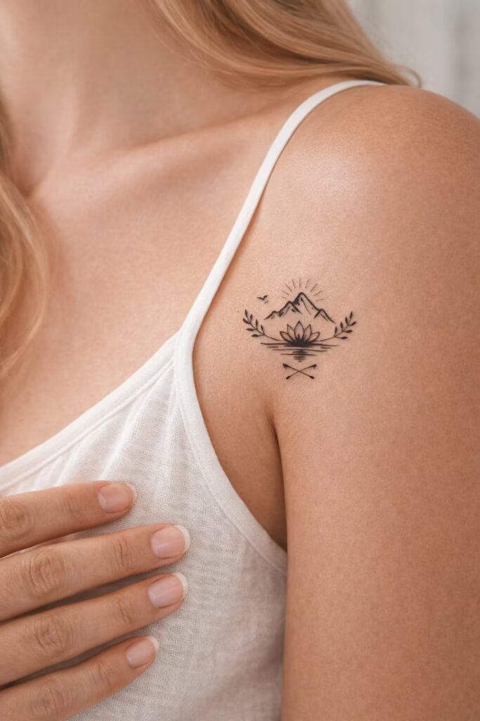 Upper-Arm Lotus & Peaks Emblem — Tattoo Symbols That Mean Strength