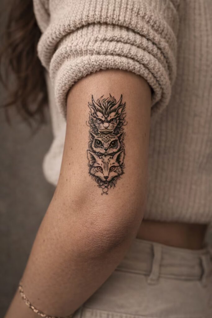 13. Neo-Japanese Animal Totem Upper Arm Tattoo
