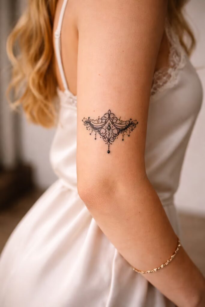 17. Elegant Victorian Lace Upper Arm Tattoo