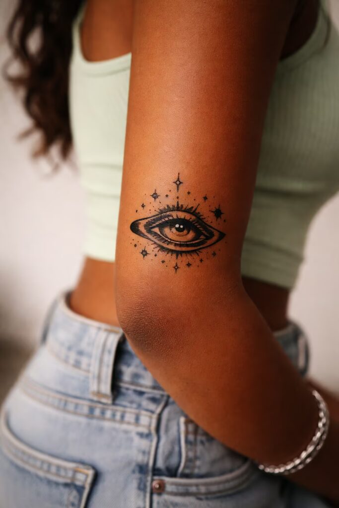 18. Cosmic Eye Upper Arm Tattoo