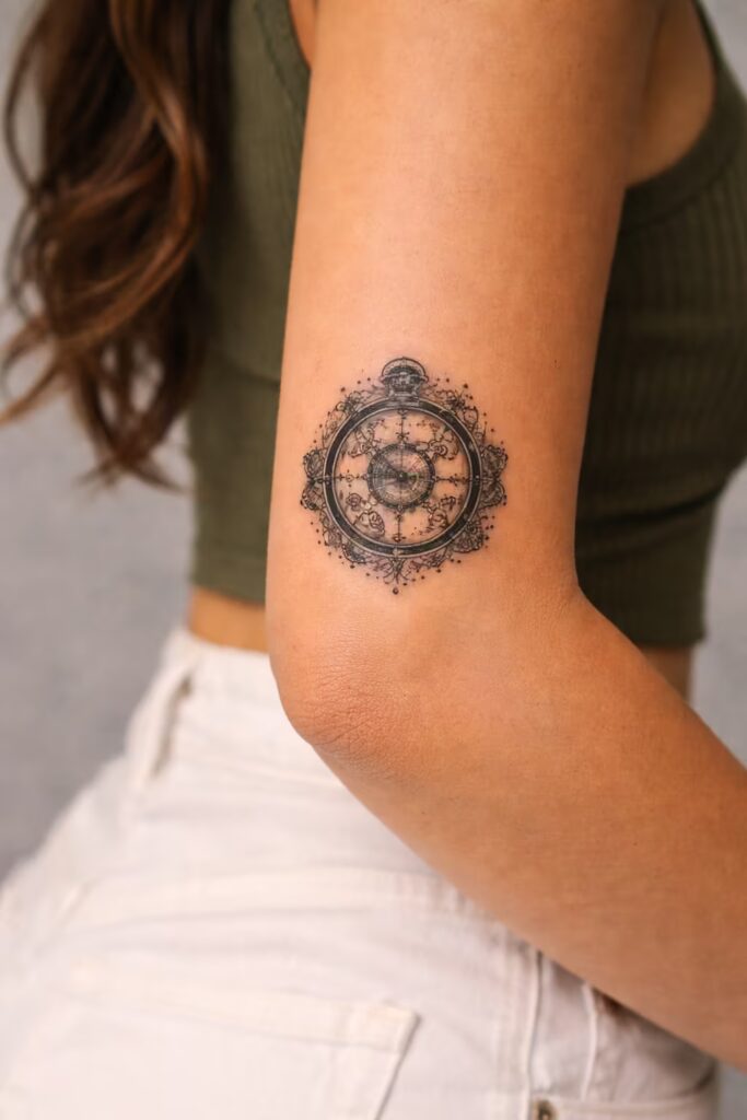 5. Clockwork Timepiece Upper Arm Tattoo