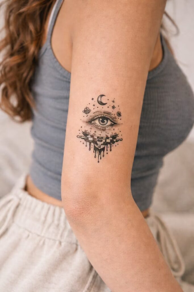 6. Surrealism Upper Arm Tattoo – Eye, Moon, and Dripping Patterns