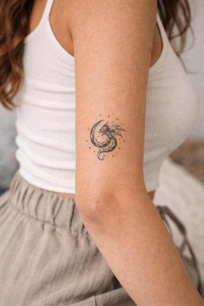 8. Abstract Art Upper Arm Tattoo – Eye, Geometric Patterns, and Cosmic Motifs