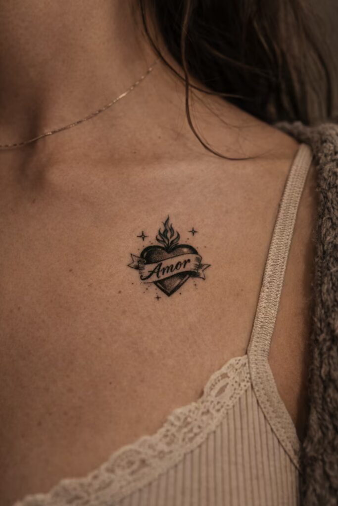 American Traditional Tattoo – Heart with Banner Chicano Style