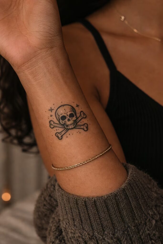 American Traditional Tattoo – Skull with Crossbones New School Style
