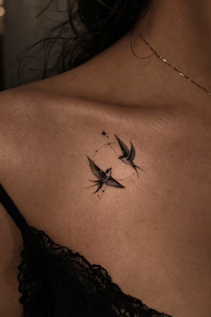 American Traditional Tattoo – Swallow Upper Neck Neo-Traditional Style
