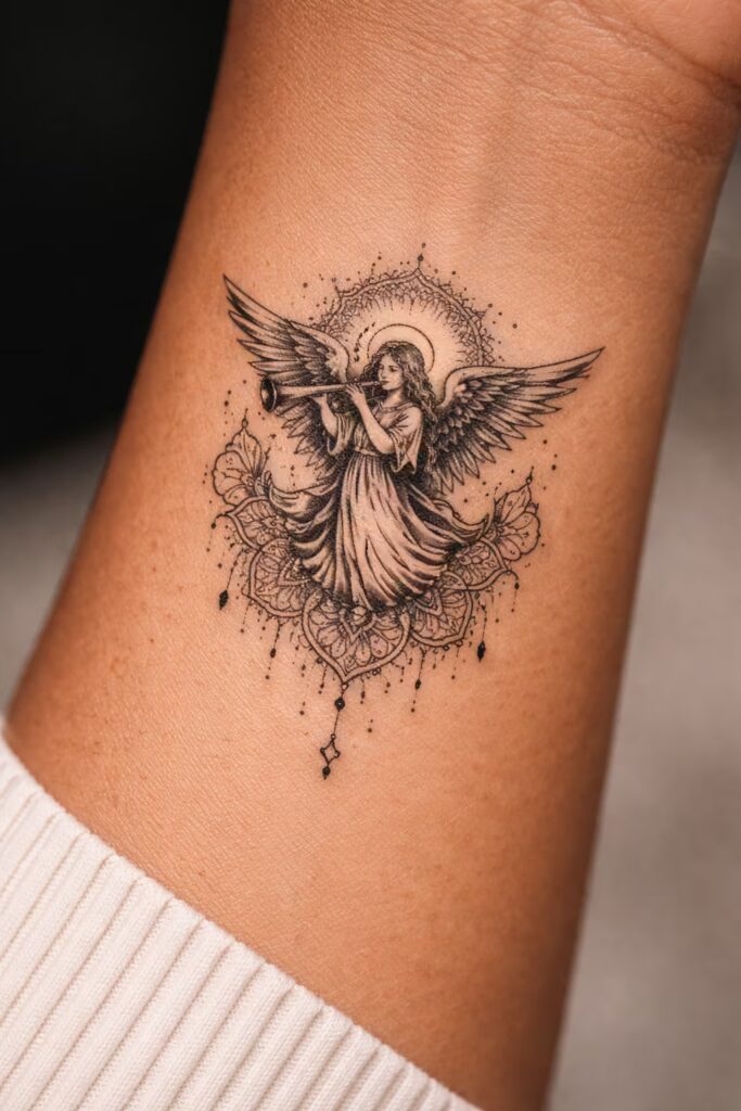 Angel with Trumpet Mandala Tattoo Idea