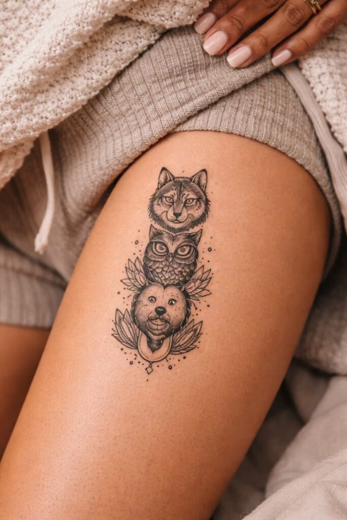 Animal Totems Leg Tattoos – Blackwork Spirit Animals