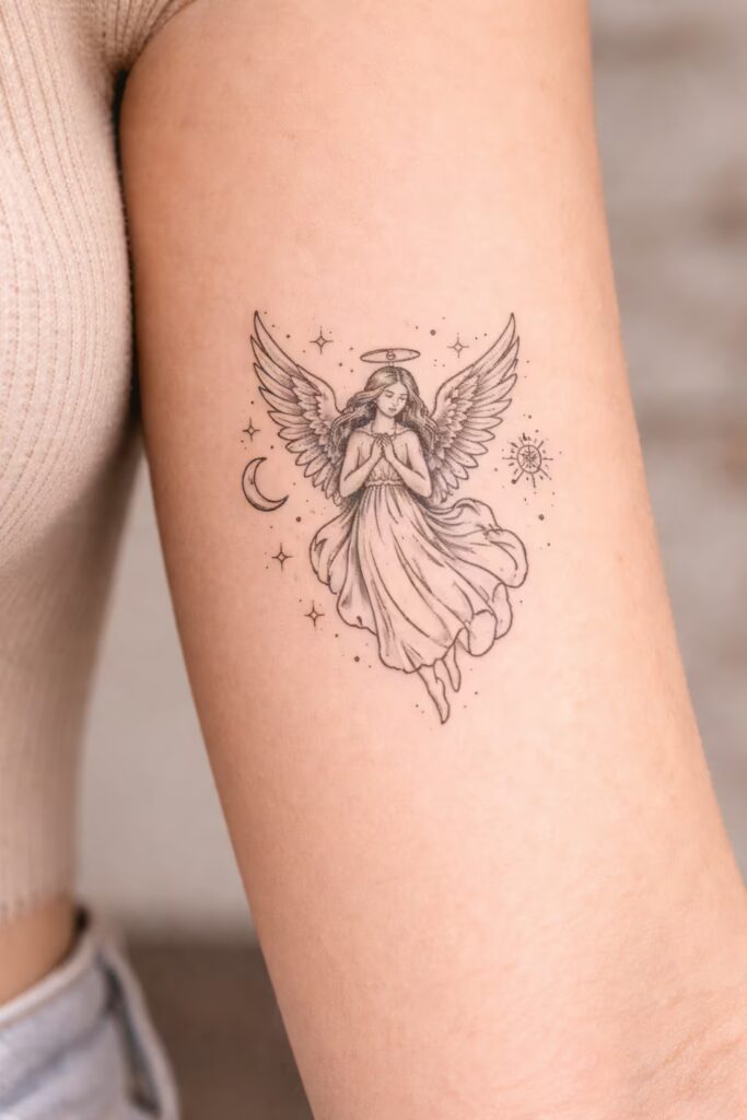 Celestial Angel Line Art Tattoo Idea