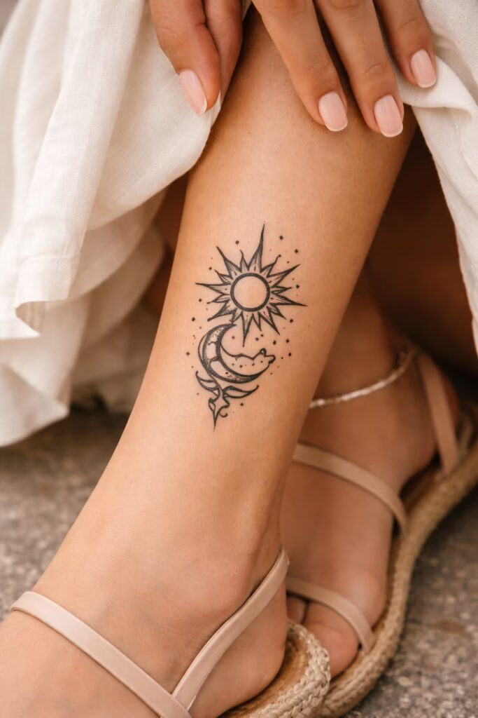 Celestial Leg Tattoos – Tribal Sun, Moon & Stars