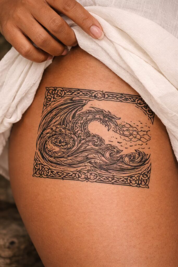 Celtic Knotwork Dragon Tattoo – Dragon Breathing Fire at Sea