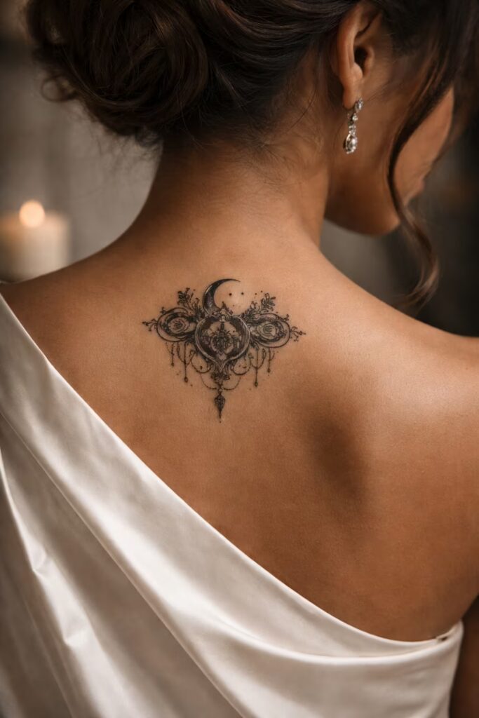 Chiaroscuro Moon & Roses Ornamental Tattoo