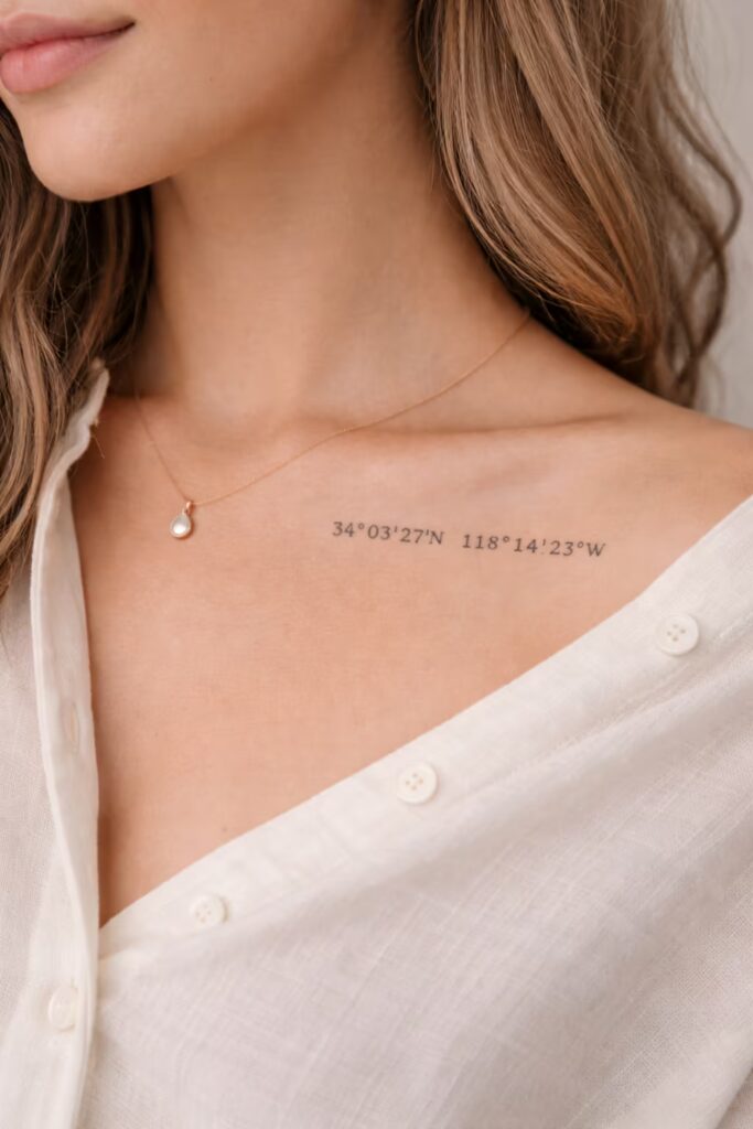 Coordinates Line & Dot Hybrid Tattoo on Collarbone 