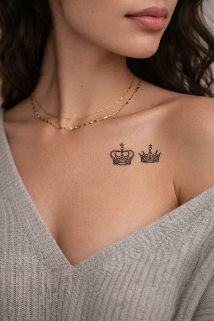 Dotwork King and Queen Crowns Tattoo on Collarbone