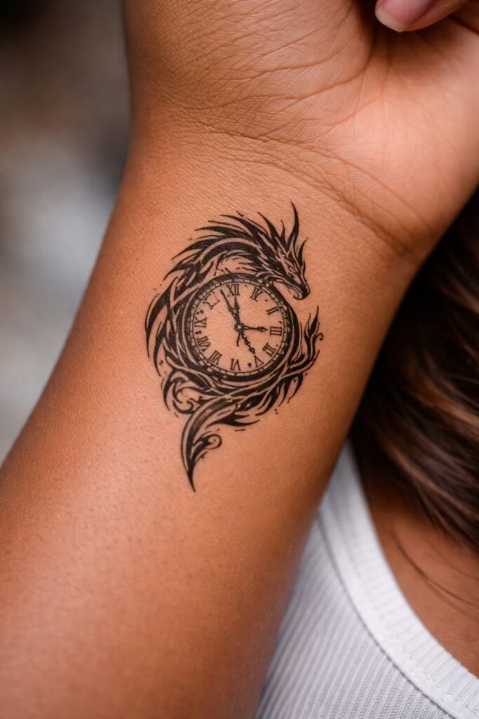 Dragon and Clock Wrist Tattoo