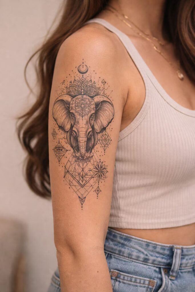 Elephant Wisdom Patchwork Tattoo