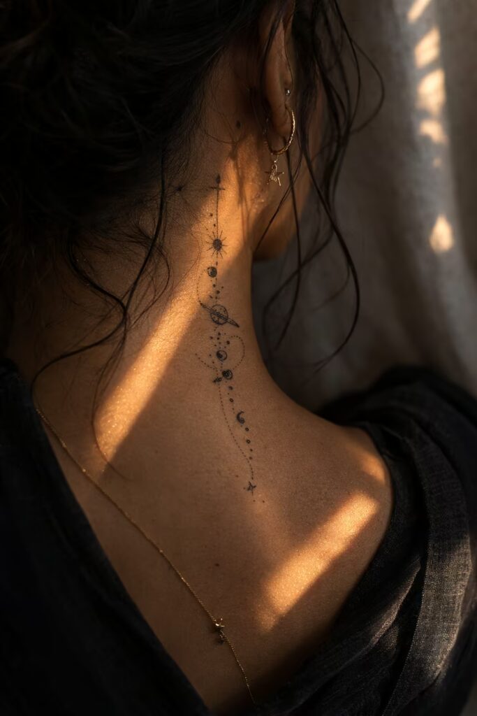 1. Fine Line Solar System Celestial Tattoo
