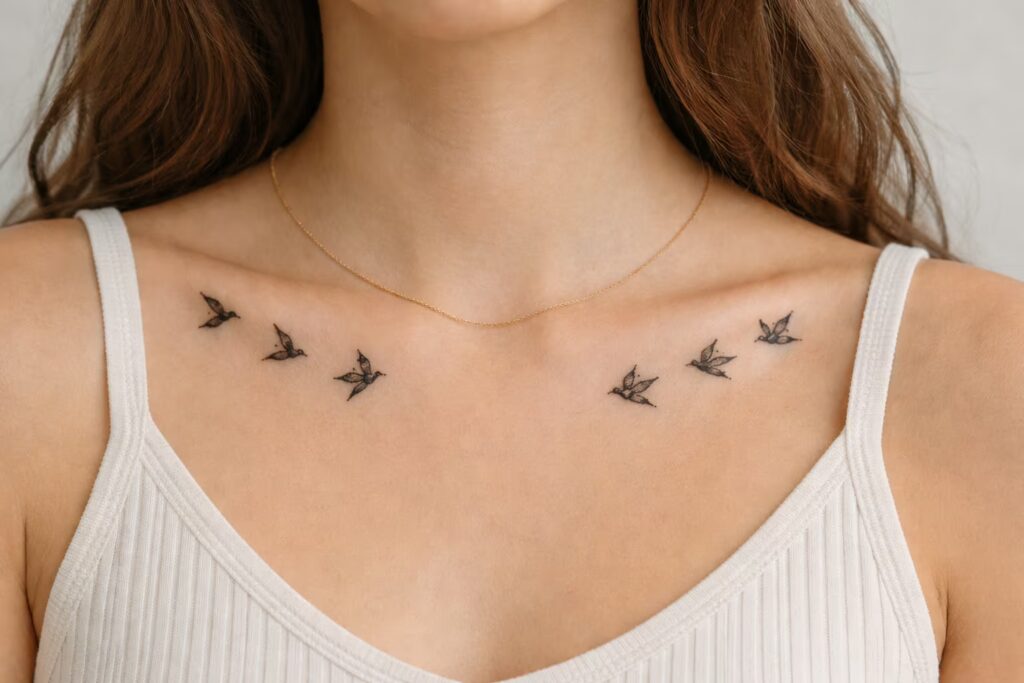 Flight of Birds Hand-Poke Collarbone Tattoo Design