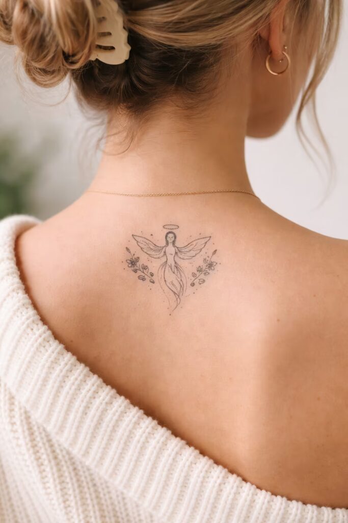Floral Angel Fusion Minimalist Angel Tattoo Idea