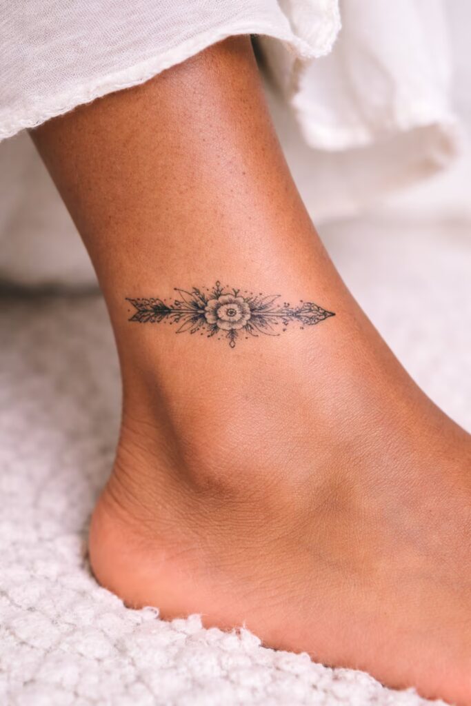Floral Arrow Ornamental Lace Ankle Tattoo