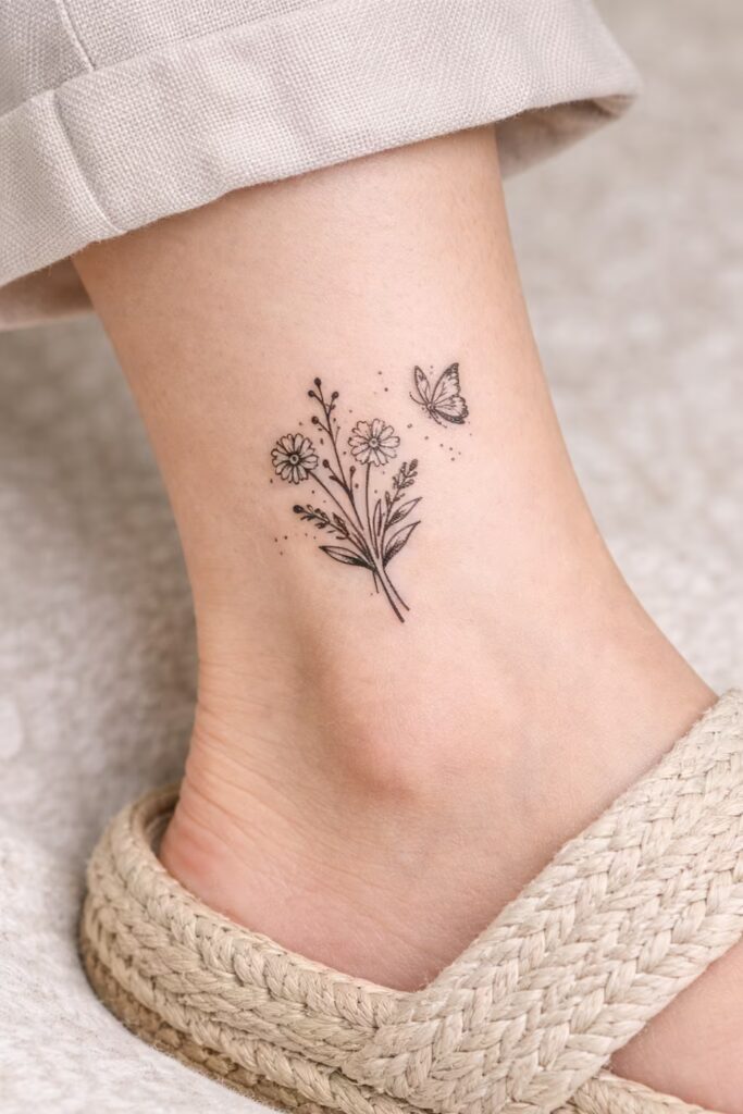 Floral & Butterfly Combination Ankle Tattoo
