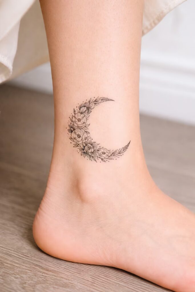 Crescent Moon Floral Ankle Tattoo