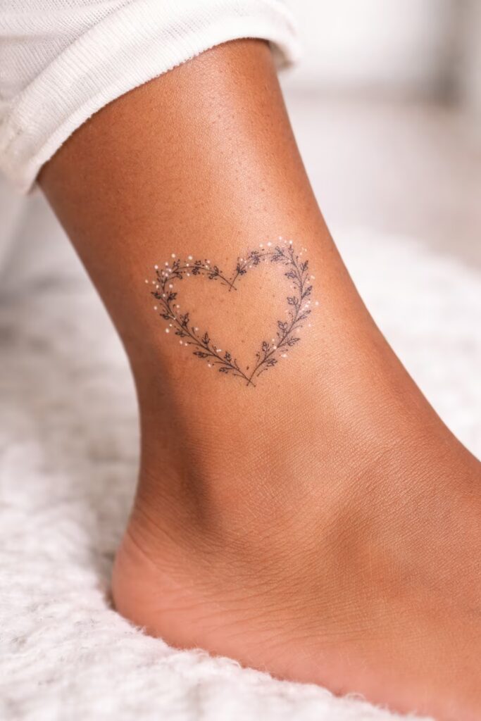 Floral Heart Outline Ankle Tattoo