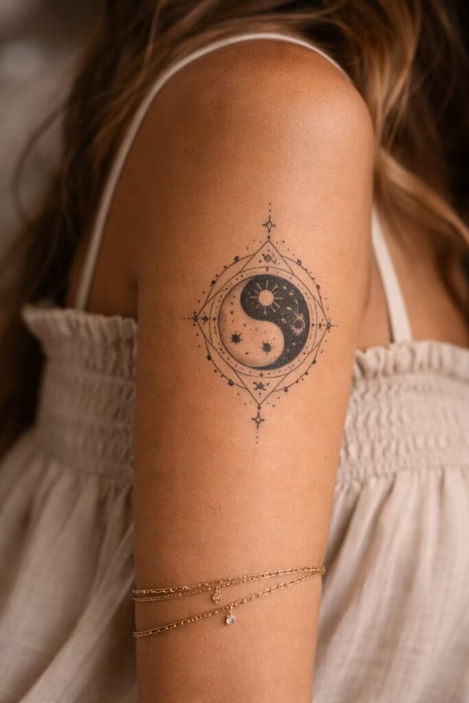 4. Geometric Cosmic Balance (Yin–Yang Universe) Celestial Tattoo