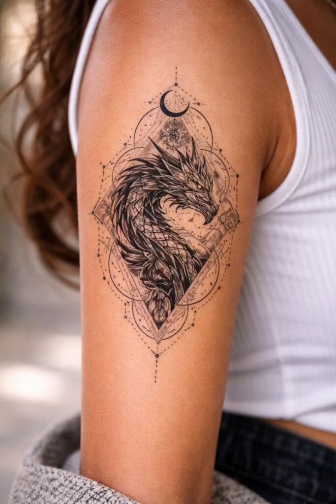 A Dragon Tattoo Blending Mythology and Sacred Geometry