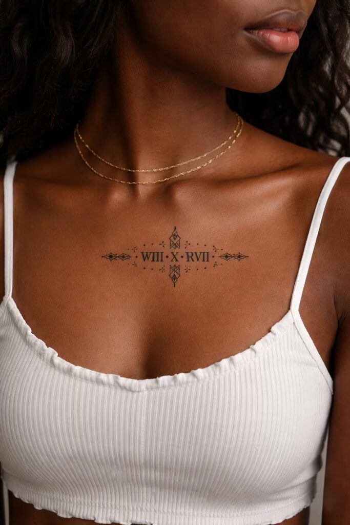 Geometric Roman Numerals Tattoo on Collarbone 