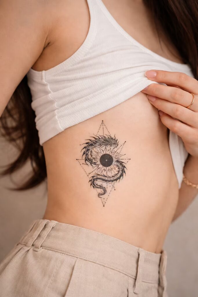 Geometric Solar Dragon Traditional Tattoo Design