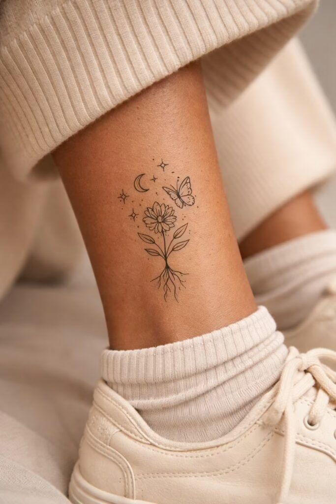 Growth & Transformation Line Art Leg Tattoos Nature_s Rebirth