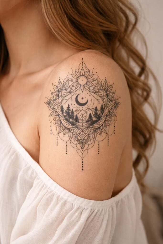 Harmony of Nature Shoulder Cap Mandala Tattoo
