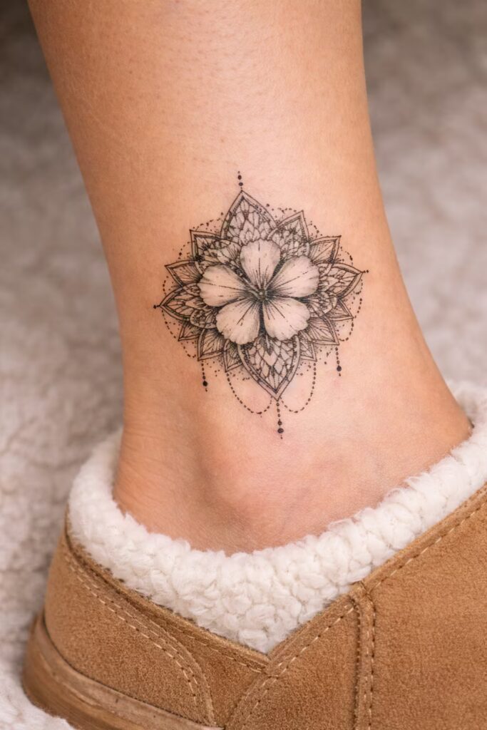 Hibiscus Mandala Floral Ankle Tattoo
