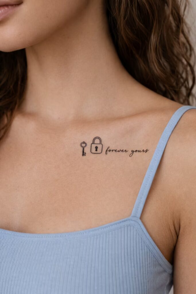 Lock & Key Symbol + Script Collarbone Tattoo