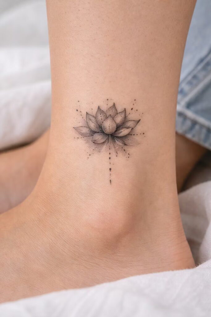 Lotus Bloom Watercolor Floral Ankle Tattoo