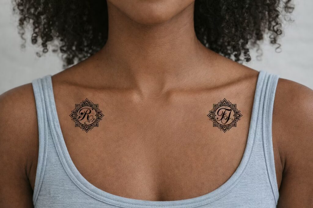 Mandala-Style Collarbone Tattoo with Scripted Initials
